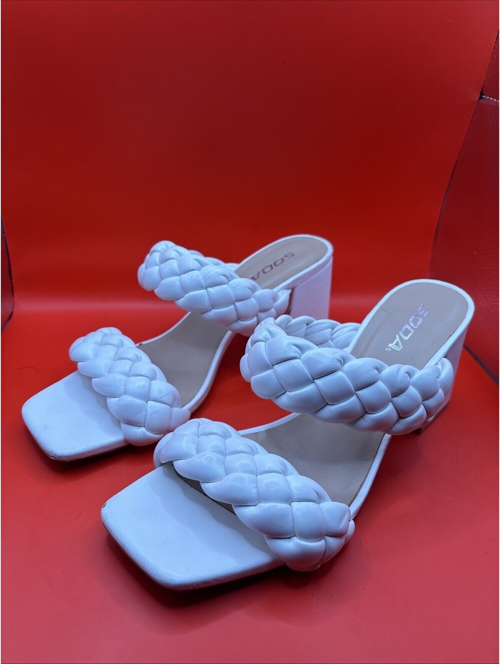 Soda White Braided Strap Block Heel Sandals